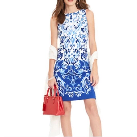 Ralph Lauren Blue Scroll Print Shift Sheath Dress‎ Size 12 Summer Wedding Party - Picture 4 of 7